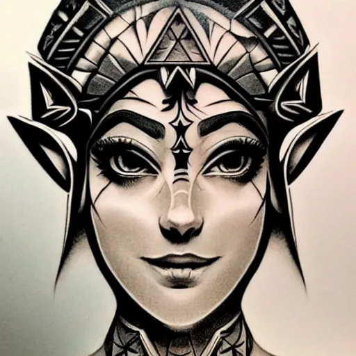 Image similar to tattoo design, stencil, portrait of princess zelda by artgerm, symmetrical face, beautiful, triforce