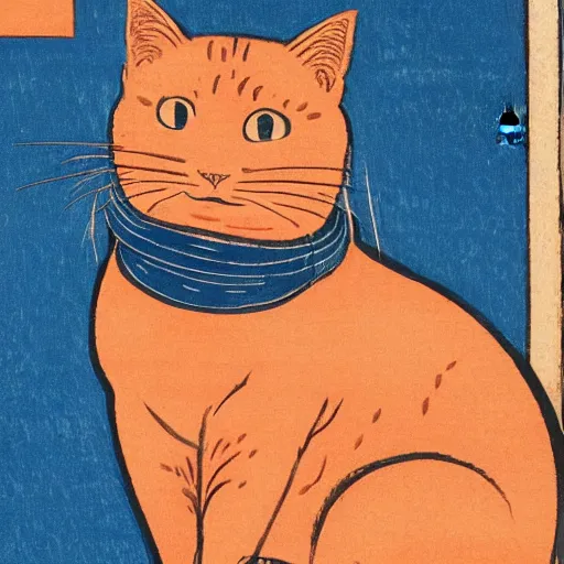 Prompt: a painting of an orange cat staring profoundly towards the viewer, a woodcut by katsushika hokusai, pixabay contest winner, ukiyo - e, ukiyo - e, cyanotype, woodcut