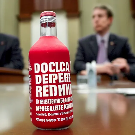 Image similar to a bottle of doctor pepper testifying before Congress on healthcare reform in 2010,