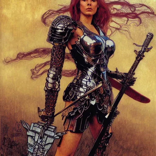 Image similar to quarter length portrait of a armored female valkyrie with a flaming sword, d & d, fantasy, luis royo, magali villeneuve, donato giancola, wlop, krenz cushart, hans zatka, klimt, alphonse mucha