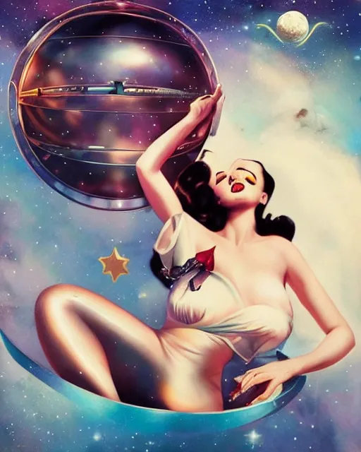 Prompt: retro space dita von teese varga girl posing on a space ship, retro pinup model, anna dittmann, gil elvgren, alberto vargas.