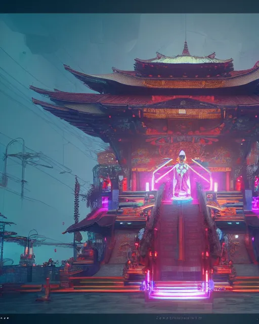 Prompt: buddhist cyber punk temple in the style of andree wallin, vitaly bulgarov, ambient lighting, unreal engine 5, neon light