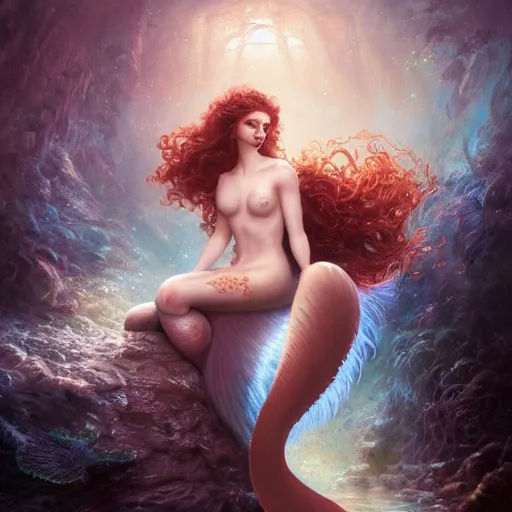 Image similar to beautiful mermaid with curly hair, magical details, magical atmosphere, digital art, matte painting, concept art, devianart, cinematic lighting, hyper - detailed, cgsociety, 3 - d 8 k, high resolution, in the style of charlie bowater, tom bagshaw, alexis franklin, elena masci, pawel rebisz