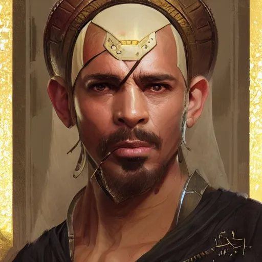 Image similar to egyptian nobleman, portrait, D&D, fantasy, highly detailed, digital painting, artstation, concept art, sharp focus, illustration, art by artgerm and greg rutkowski and alphonse mucha