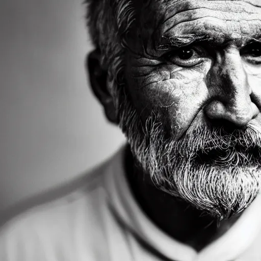 Prompt: close up of an old man's face with a beard, black background, greyscale, award winning photography