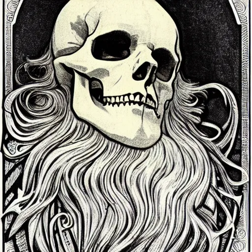 Image similar to bearded skull, illustration, art by alphonse mucha