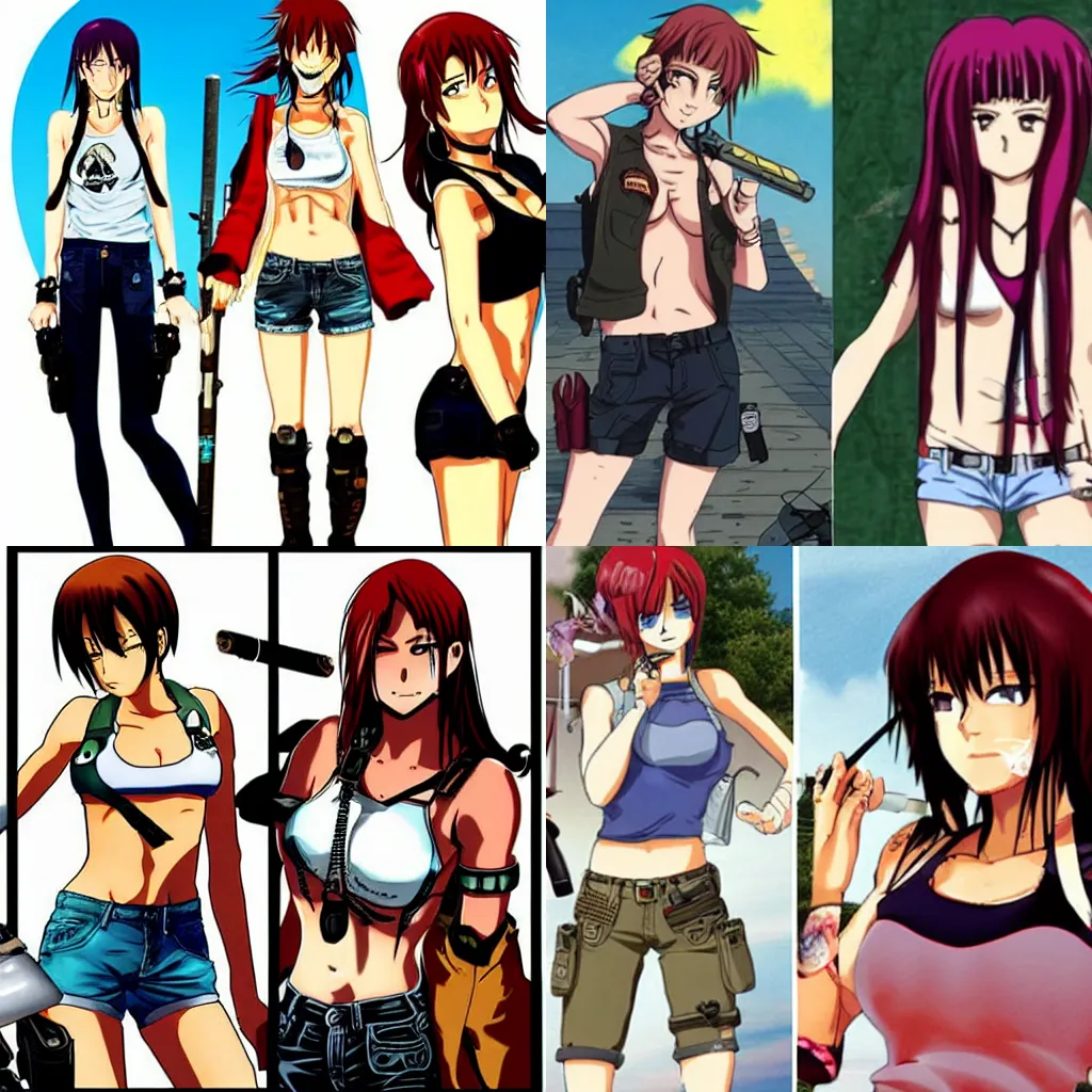Prompt: Revy from Black Lagoon:: anime and manga, smoking a cigarette, Jean shorts boots and white tank top:: middle shot::