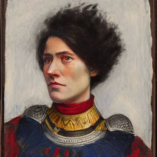 Prompt: head and shoulders portrait of a female knight, maori, tonalist, symbolist, realistic, ambrotype, detailed, modeled lighting, lorica segmentata, palette knife, prussian blue and venetian red, angular, squinting, raven, baroque