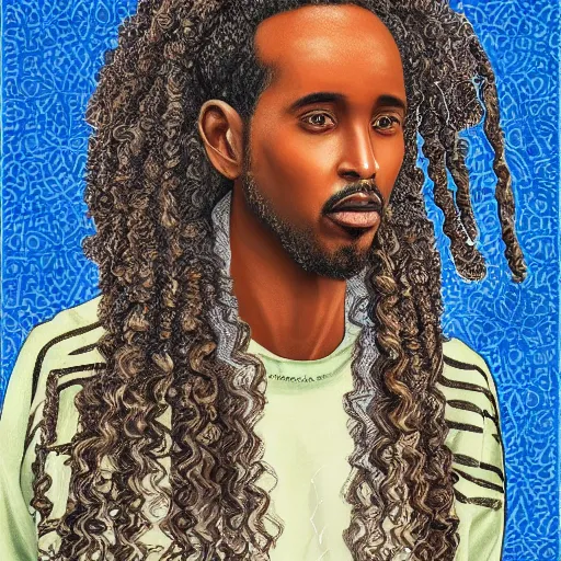 Prompt: a somali man with long curly hair, dressed in adidas clothing, intricate, elegant, highly detailed, centered, digital painting, smooth, cinematic