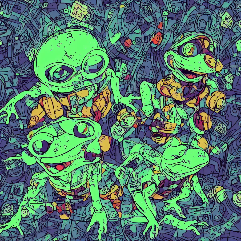 Image similar to toad head, ryuta ueda artwork, breakcore, style of jet set radio, y 2 k, gloom, space, cel - shaded art style, frogs, amphibians, sacred geometry, data, minimal, code, cybernetic, dark, eerie, cyber