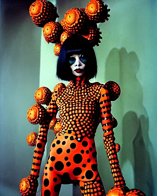 Image similar to portrait of a skinny punk goth yayoi kusama wearing armor by simon bisley, john blance, frank frazetta, fantasy, thief warrior, floral flowers colorful