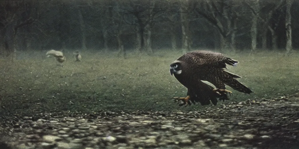 Image similar to detailed medium format photo, polaroid still from tarkovsky movie, a falcon escapes the falconer, haze, high production value, intricate details, 8 k resolution, hyperrealistic, hdr, photorealistic, high definition, tehnicolor, award - winning photography, masterpiece, amazing colors