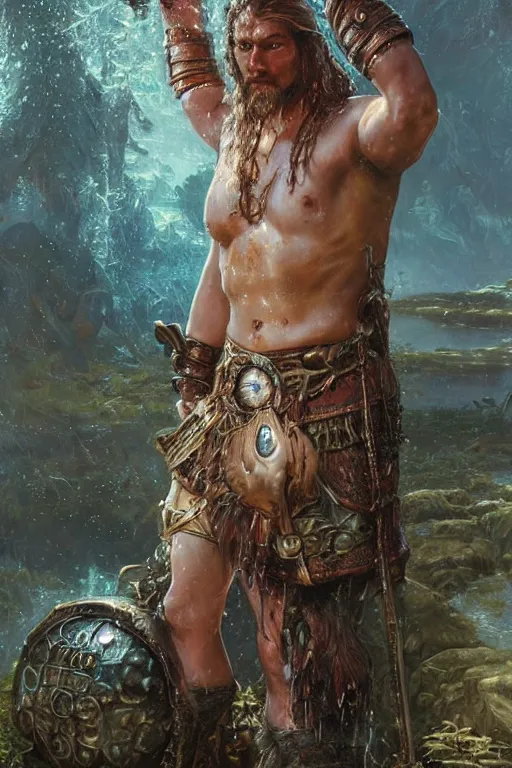 Prompt: portrait of a retropunk viking man wearing a warrior armor, drenched body, wet dripping hair, emerging from the water, fantasy, regal, fractal crystal, fractal gems, by stanley artgerm lau, greg rutkowski, thomas kindkade, alphonse mucha, loish, norman rockwell.