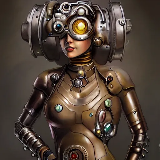 Image similar to retrofuturistic female android, steampunk, gears, detailed mechanical parts, painting by artgerm and julie bell