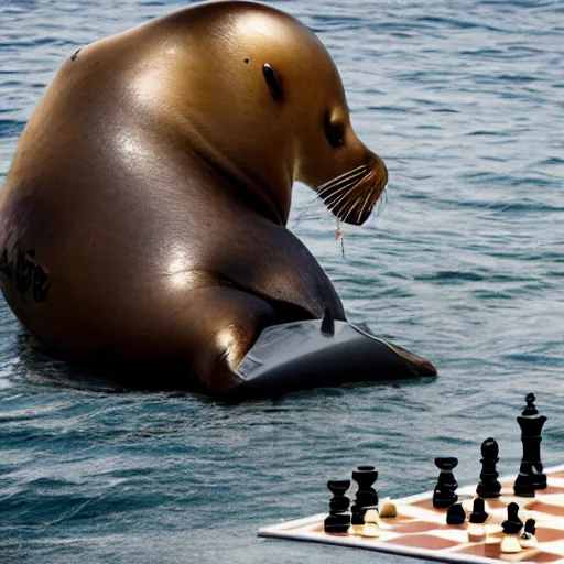 Prompt: photo of a sea lion playing chess with a stand fan, award-winning photograph, national geographic, 8k