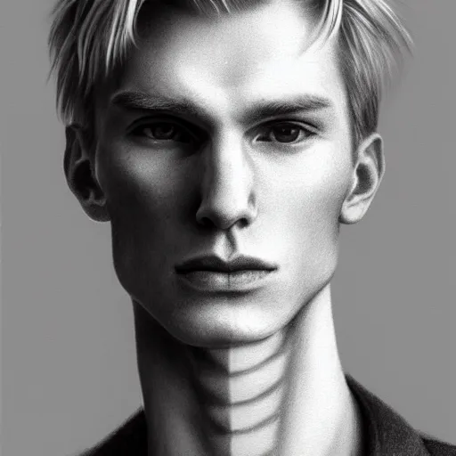 Prompt: A pencil drawing portrait of a blond young Irish man with high cheekbones. Good bone structure. Dressed in 1980s style. Highly detailed, fine Art, high detail, great lighting, 8k resolution, masterpiece, concept art, illustration, clear eyes, painting oil on canvas, octane render, HDR, trending on artstation, 4k, 8k, HD