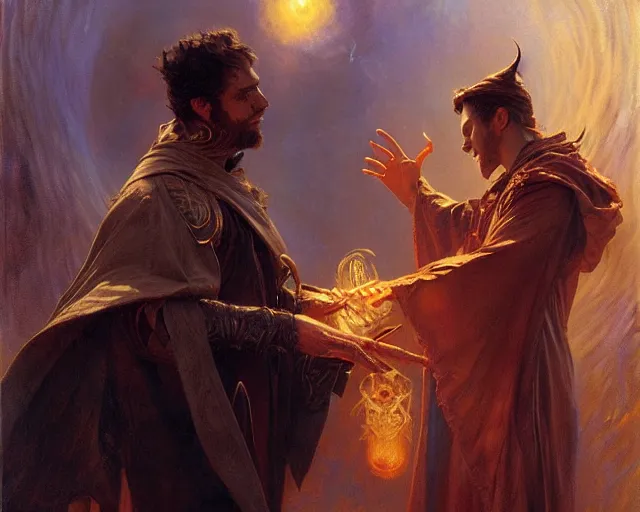 Image similar to attractive wizard man, casting dark magic, summoning a handsome demon. highly detailed painting by gaston bussiere, craig mullins, j. c. leyendecker 8 k