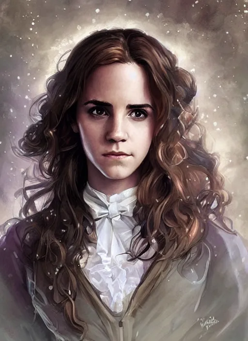 Prompt: hermione! granger! at hogwarts!! at the yule ball by emma watson. beautiful detailed face. by artgerm and greg rutkowski and alphonse mucha