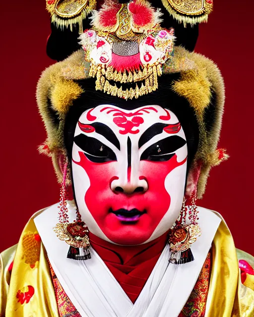 Image similar to photo of a Dramatic Peking Opera male character wearing elaborate makeup merged with kathakali makeup and full Chinese opera costume fused with Kathakali costume in the style of stefan kostic, realistic, sharp focus, symmetric, 8k high definition, insanely detailed, intricate, elegant, art by stanley lau and artgerm, William-Adolphe Bouguereau