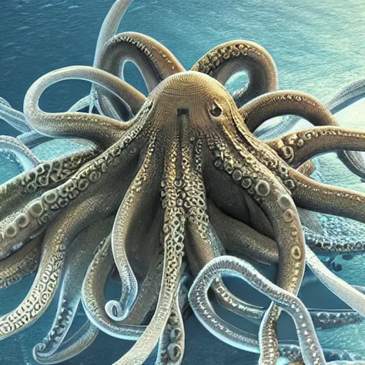 Image similar to realistic 3 d render of octopus with swirling detailed magical tentacles, holding illusions, in a fantastical ocean, octane render