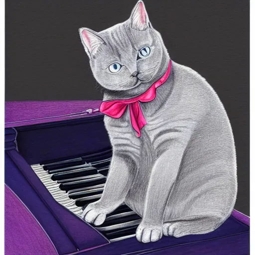 Prompt: anthropomorphic grey british shorthair cat sitting up playing the piano with swirling musical notes in the background detailed colored pencil drawing 4 k