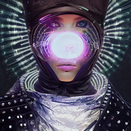 Image similar to detailed portrait of a skilled magic deepdream guardian bimbo cyberpunk futuristic, reflective puffer jacket, black leggings from the back radiating a glowing aura by ismail inceoglu dragan bibin hans thoma, perfect face, fine details, realistic shaded, fine - face, pretty face