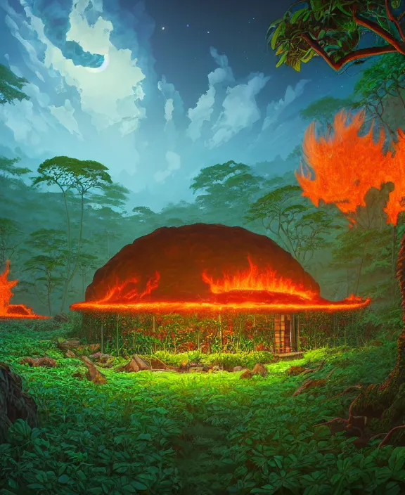 Image similar to simplicity, an simple schoolhouse made out of exotic fungus, overgrown with lush floral jungle, milky way, hellscape, hell, fire, brimstone, lava, by dan mumford, yusuke murata, makoto shinkai, ross tran, cinematic, unreal engine, cel shaded, featured on artstation, pixiv