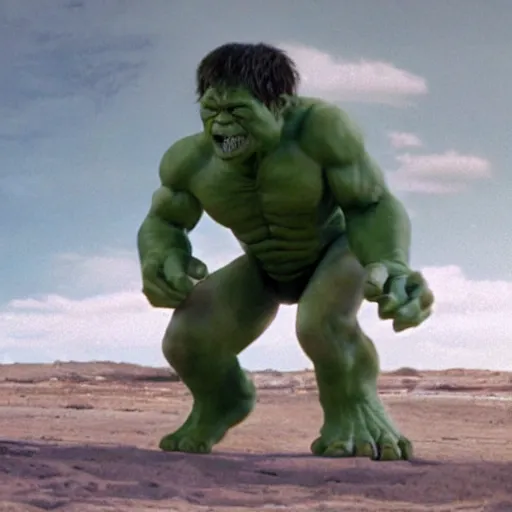 Prompt: A singular creature mix between Hulk and Gollum fighting robots, center frame medium shot, shot on technicolor cinemascope 35mm anamorphic lense, flare, still from a movie