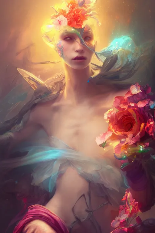 Prompt: beautiful girl necromancer covered with rainbow, 3 d render, hyper realistic detailed portrait, holding magic flowers, ruan jia, wlop. scifi, fantasy, hyper detailed, octane render, concept art, peter mohrbacher