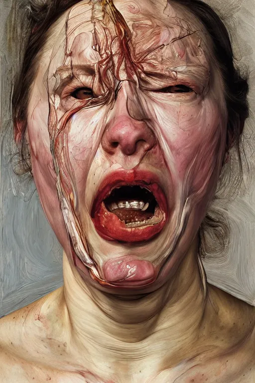 Image similar to portrait of a woman enraged, part by Jenny Saville, part by Lucian Freud