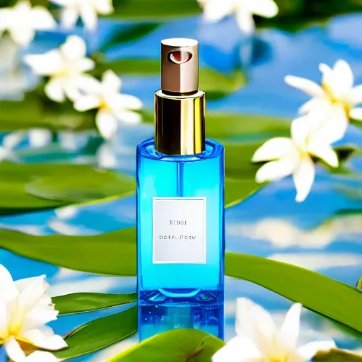 Prompt: centered bright perfume bottle standing in clear blue rippling water surrounded by a plethora of white flowers and tropical leaves and fauna upfront, with dreamy bright blue sky and clouds in the background, softly - lit, soft - warm, zen, light, modern minimalist f 2 0 clean