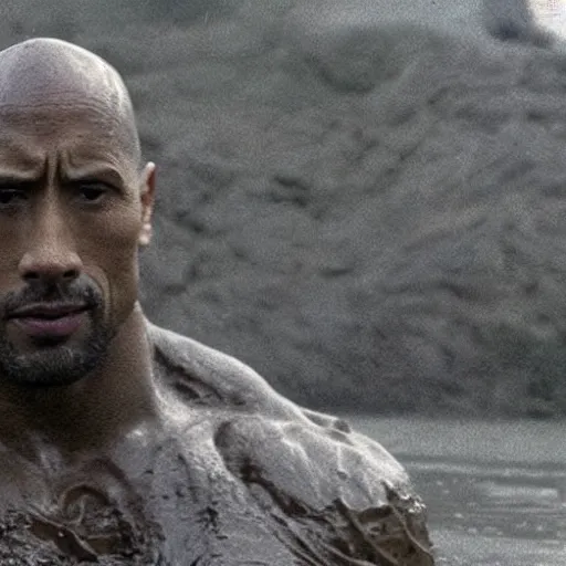 Image similar to film still, close up, dwayne johnson rising out of muddy vietnam river, face covered in mud, low camera angle at water level, night time, film still from apocalypse now ( 1 9 7 9 ), 2 6 mm