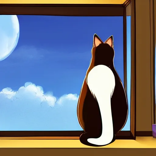 Prompt: a cat sitting on the window ledge watching over a beautiful anime city in the style of Tue Tue on ArtStation and Ayush Pant on ArtStation, the cat is pictured from behind, 4k,