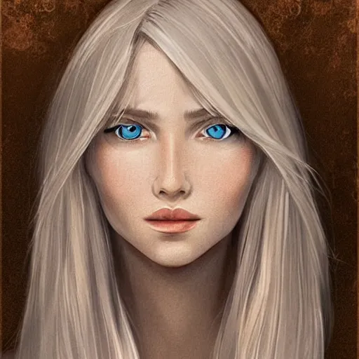 Image similar to portrait, 30 years old women :: fantasy :: blue eyes, long straight blonde hair :: attractive, symmetric face, friendly, smiling :: brown medieval cloting, natural materials :: high detail, digital art, RPG, concept art, illustration