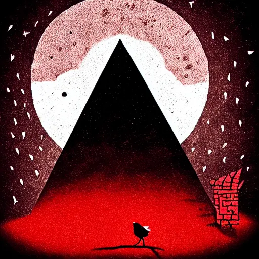 Prompt: an owl on the top of pyramid, darkest night, red eyes glowing, illustration, alan moore, watchmen, colorful, less saturation, grain, noise, avant garde, nft style, circle frame, rose black frame, coin look a like