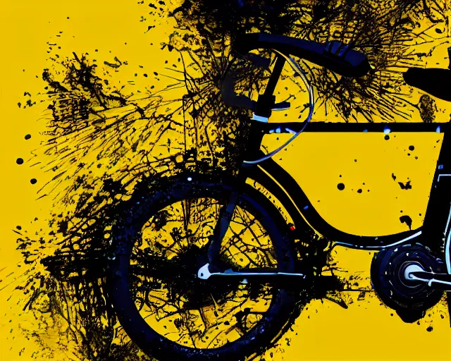 Image similar to a bicycle in front of a yellow background. paint splashes, outrun, vaporware, shaded flat illustration, digital art, trending on artstation, highly detailed, fine detail, intricate