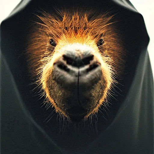 Image similar to a portrait of a capybara wearing a black hood, cloak covering face, anatomically correct, beautiful perfect face, enigmatic, oil painting, matte, black background, volumetric dynamic lighting, highly detailed, cinematic lighting, unreal engine, 8 k, hd, by beksinski