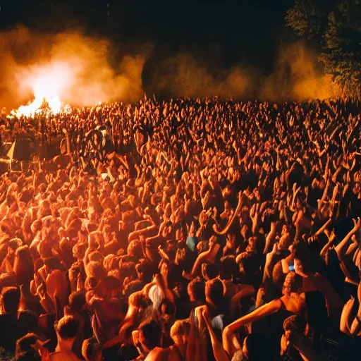 Prompt: photograph of an outdoor hardcore punk show, mosh pit, fire