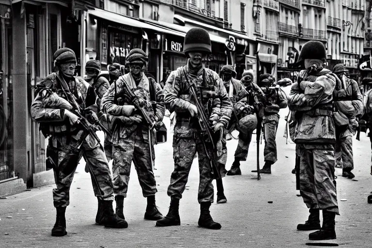 Prompt: soldiers fighting in the street of Paris, photography photorealism, photojournalism