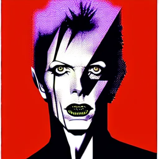 Image similar to vector art solarized screenprint of trent reznor as david bowie as dream of the endless ( sandman ) by brian bolland and andy warhol