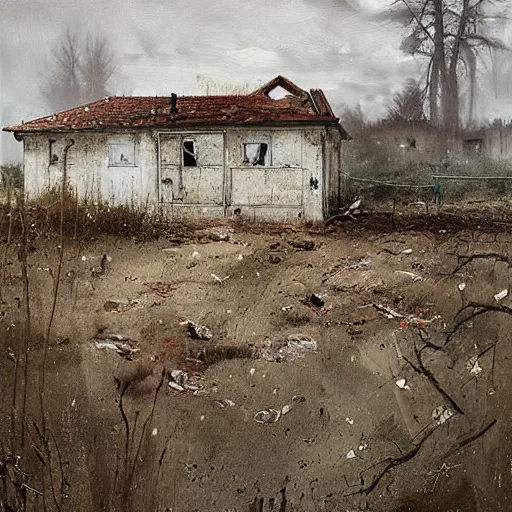 Image similar to painting by jakub rozalski of an abandoned post soviet town infested with root monsters