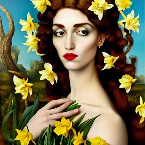 Image similar to dynamic composition, woman with hair of ( daffodils )!! and ( spring flowers ) wearing ornate earrings, ornate gilded details, a surrealist painting by tom bagshaw and jacek yerga and tamara de lempicka and jesse king, wiccan, pre - raphaelite, featured on cgsociety, pop surrealism, surrealist, dramatic lighting
