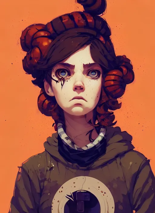 Image similar to highly detailed portrait of a sewer punk lady, tartan hoody, ringlet hair by atey ghailan, by greg rutkowski, by greg tocchini, by james gilleard, by joe fenton, by kaethe butcher, gradient orange, black, cream and white color scheme, grunge aesthetic!!! ( ( graffiti tag wall background ) )