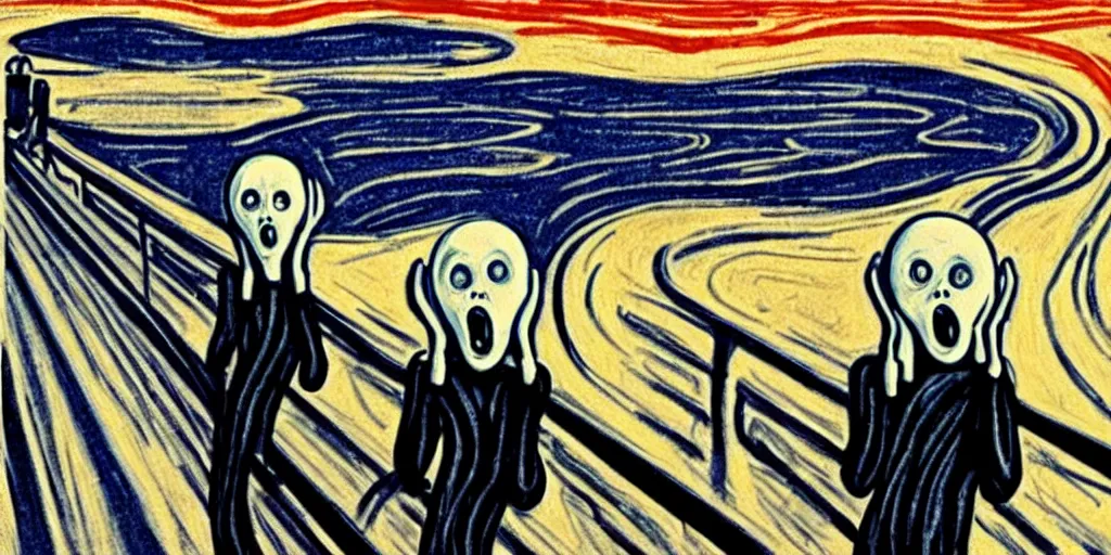 Image similar to The Scream painting with robot inspired by black widow by white night on art station