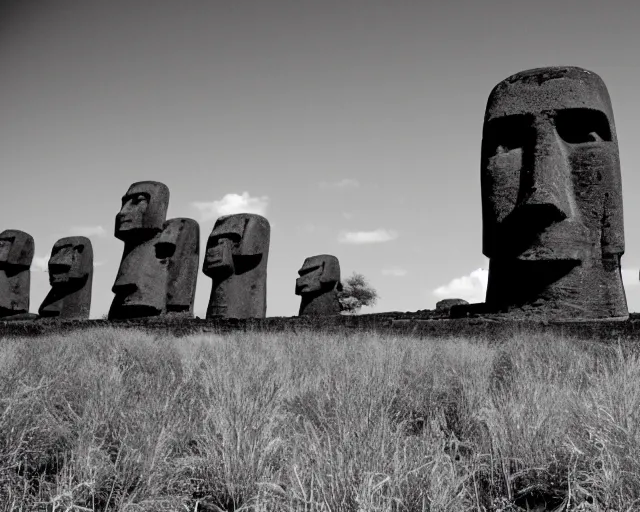 Prompt: black and white noir film. moai, the lords of cannabis. plants everywhere.