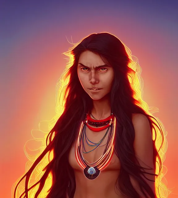 Image similar to in the style of artgerm and Andreas Rocha and Joshua Middleton, beautiful Native American young woman with long hair and red paint strip across eyes, smile on face, Symmetrical eyes symmetrical face, bead necklace, scenic prairie in background sunrise, natural lighting, warm colors