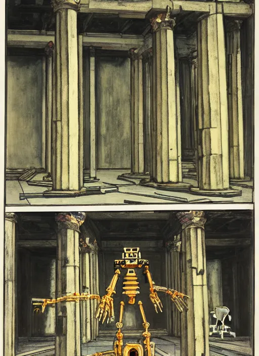 Image similar to a mecha robot inside a Greek temple filled with bones, Greek temple, Daguerrotype, Francis Bacon Painting