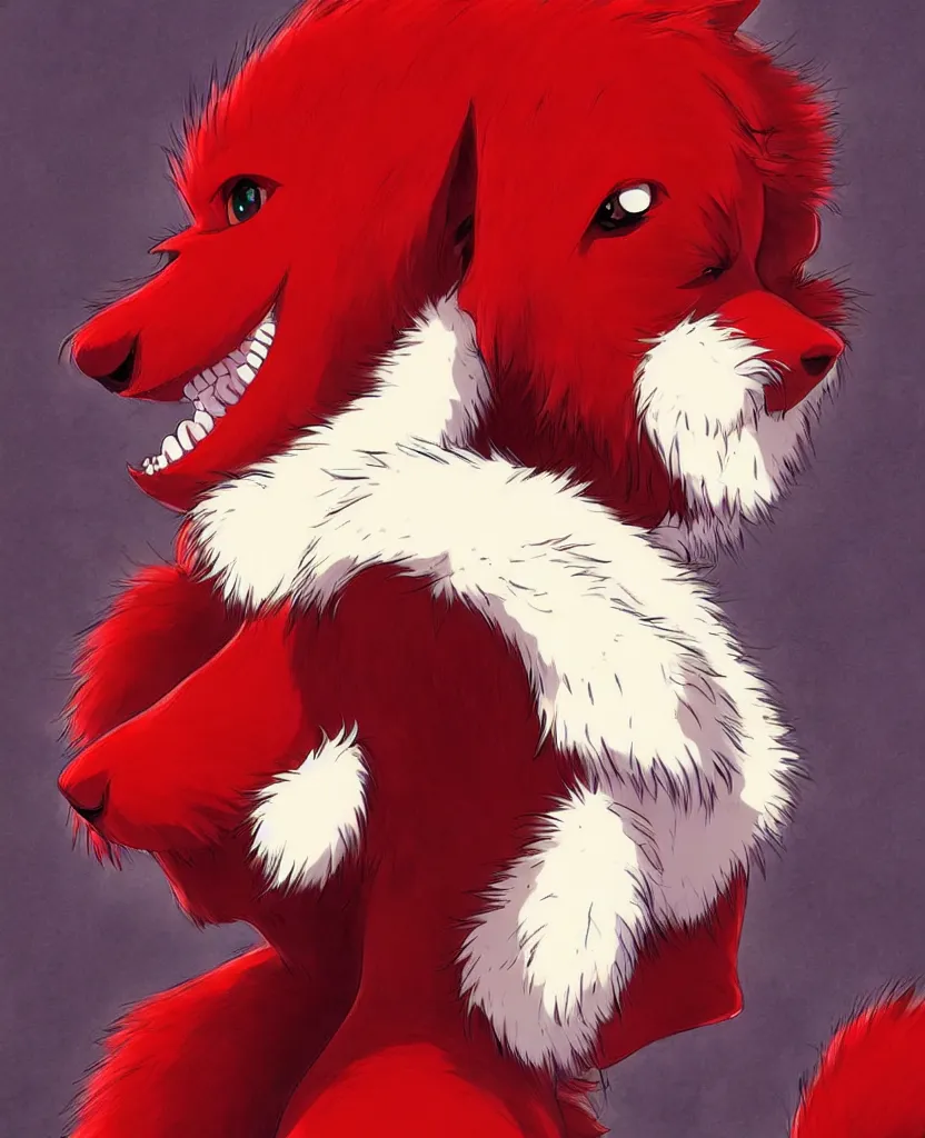 Image similar to beautiful painting from the anime film by studio ghibli, red anthropomorphic dog human hybrid wearing human clothes, drooling, fur, trending on artstation