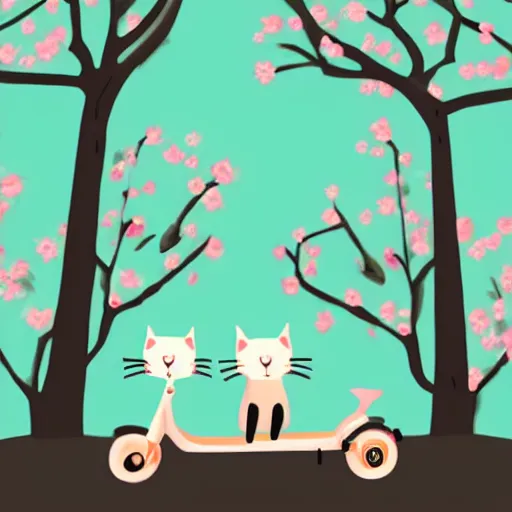 Prompt: a cute artwork of two chibi cats riding scooters through a forest of cheery blossom trees, procreate