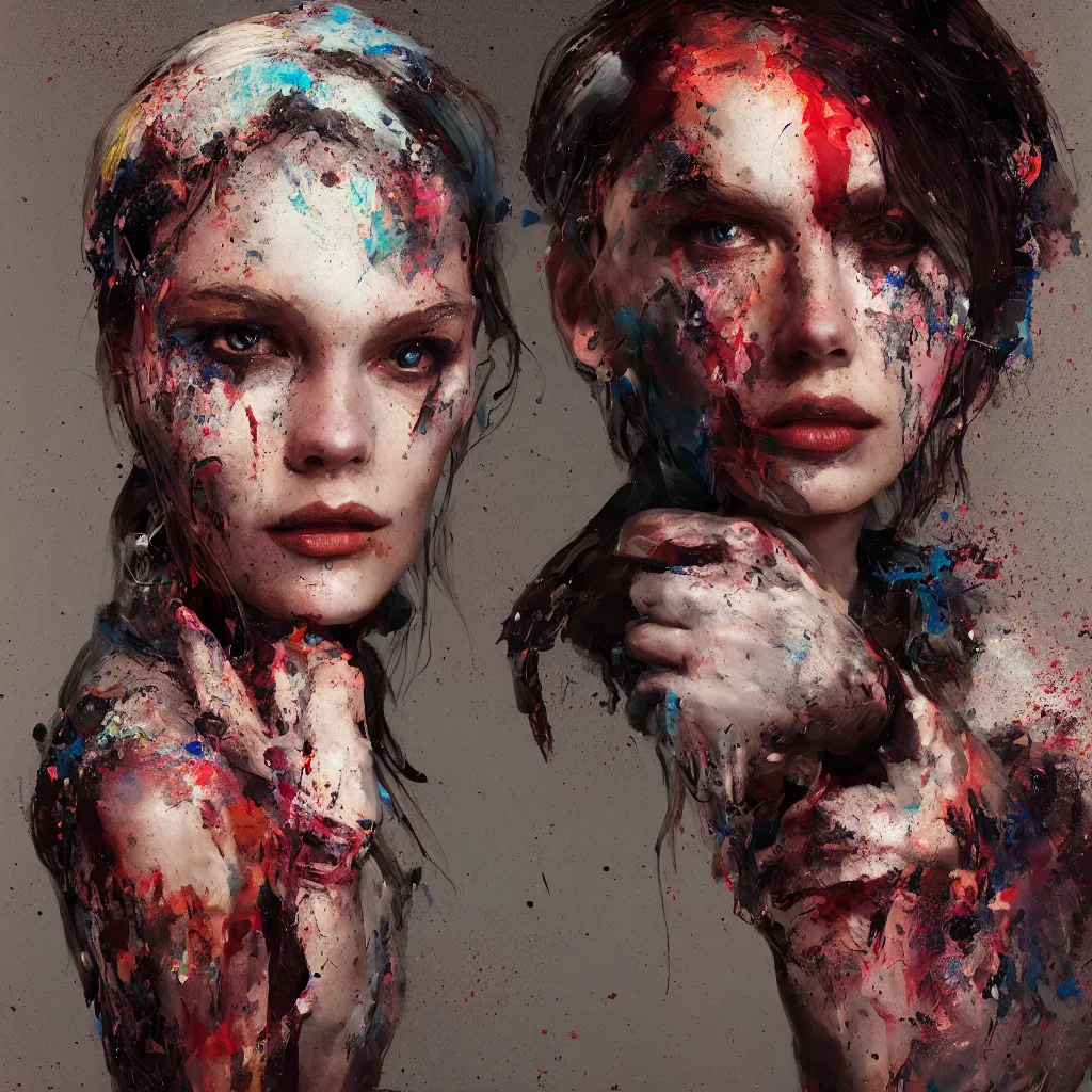 Image similar to , side portrait of one female artist, dark warm workshop atelier with canvases, moody, warm light, multicolor paint splatters on skin, cyborg hands, artstation, octane render, concept art